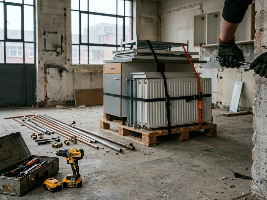 Demontage in Berlin: ausgebaute Kücheneinbauten und Heizkörper