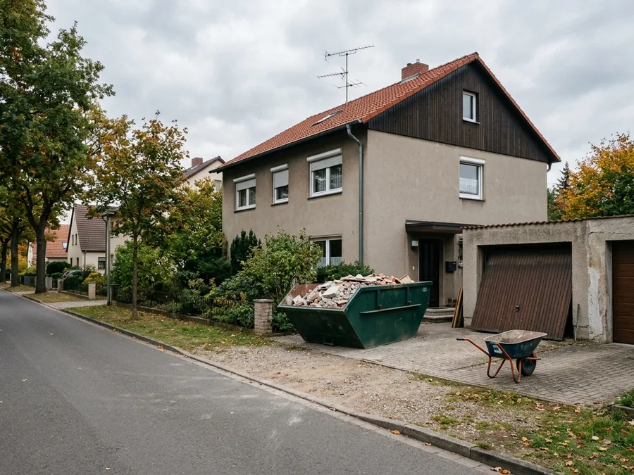 Abbruch- und Entkernungsarbeiten: Einsatzszene mit Container und Werkzeug