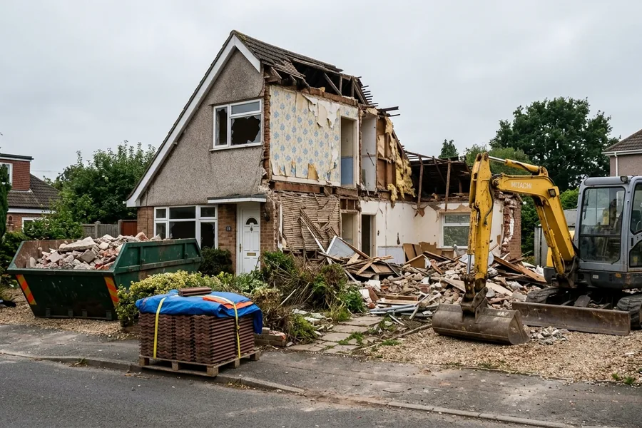Halb abgerissenes Einfamilienhaus mit Bagger und Container