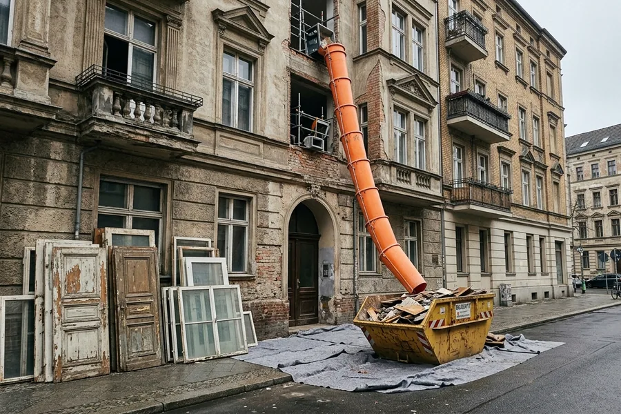 Schuttrutsche von der Altbaufassade in den Container