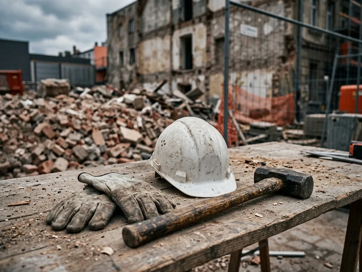 Werkzeug auf der Baustelle: Helm, Handschuhe und Vorschlaghammer